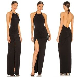 NEW! Michael Costello x Revolve Black Backless Halter Maxi Slit Addison Dress